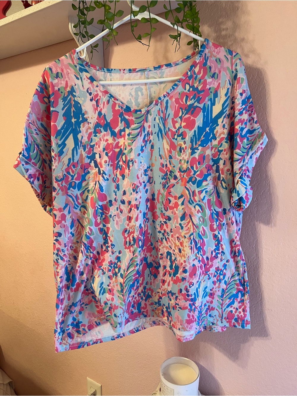 Pink Blue Floral V-Neck Short Sleeve Top